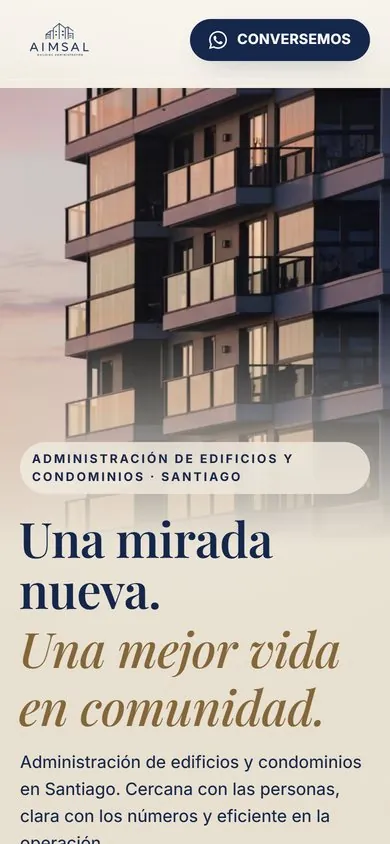 Página de AIMSAL administración de edificios vista en celular