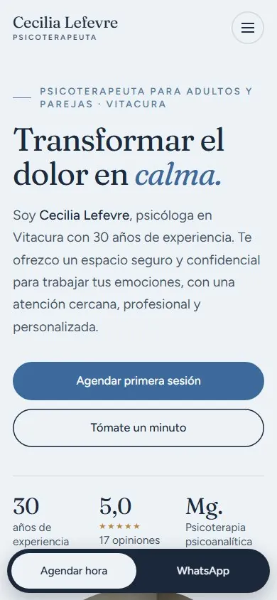 Página de Cecilia Lefevre, psicoterapeuta, vista en celular