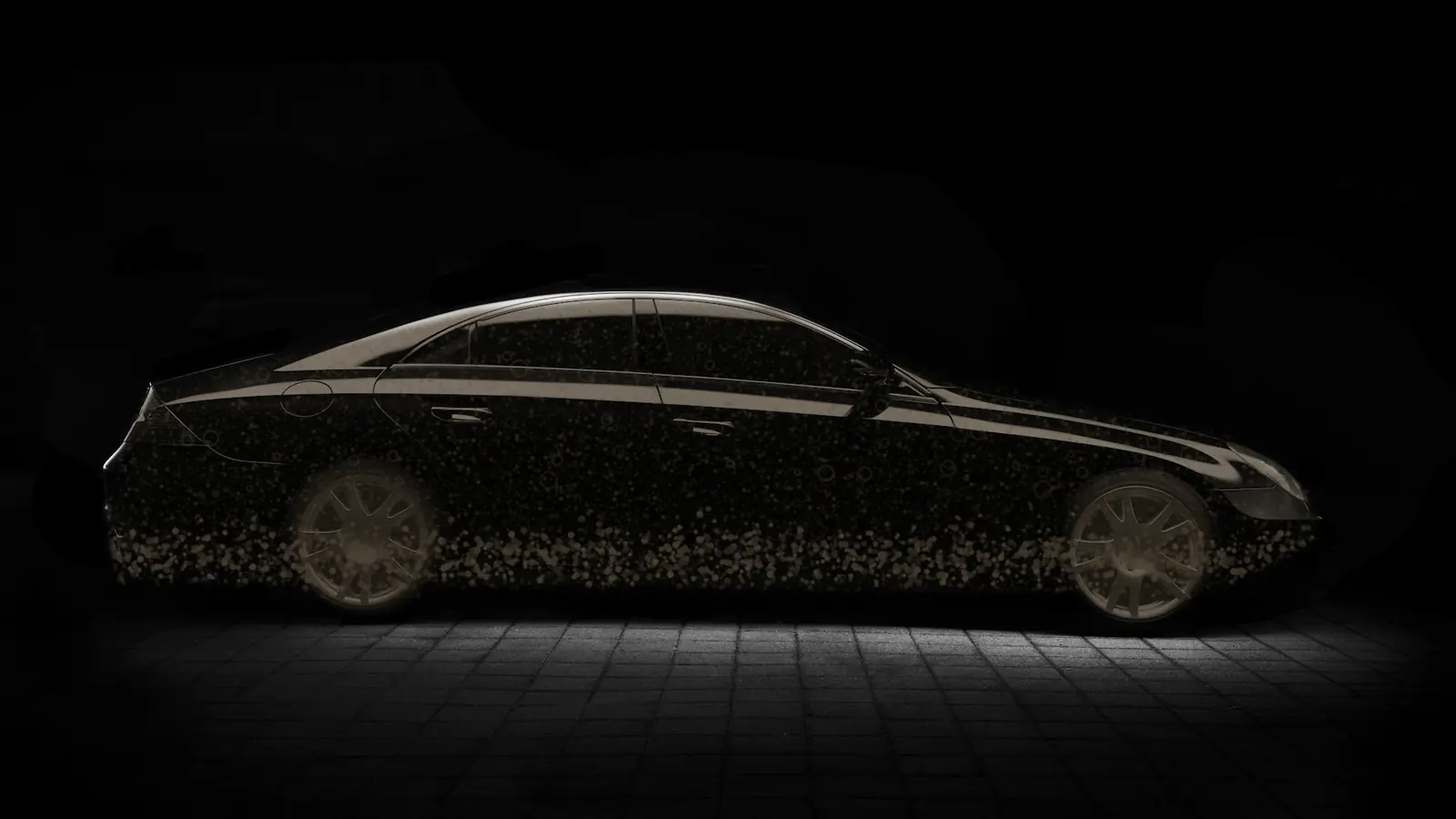 The same sedan before detailing, dull and covered in dust and road grime