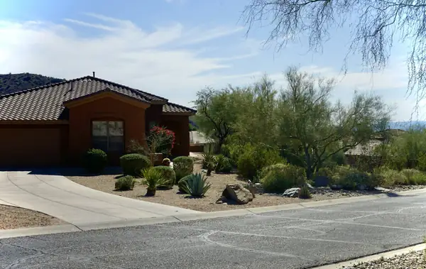 Desert home with a curved driveway and native landscaping