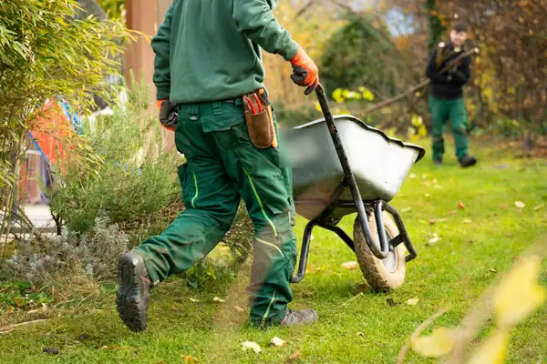 Landscaper in green work pants pushing a wheelbarrow across a lawn