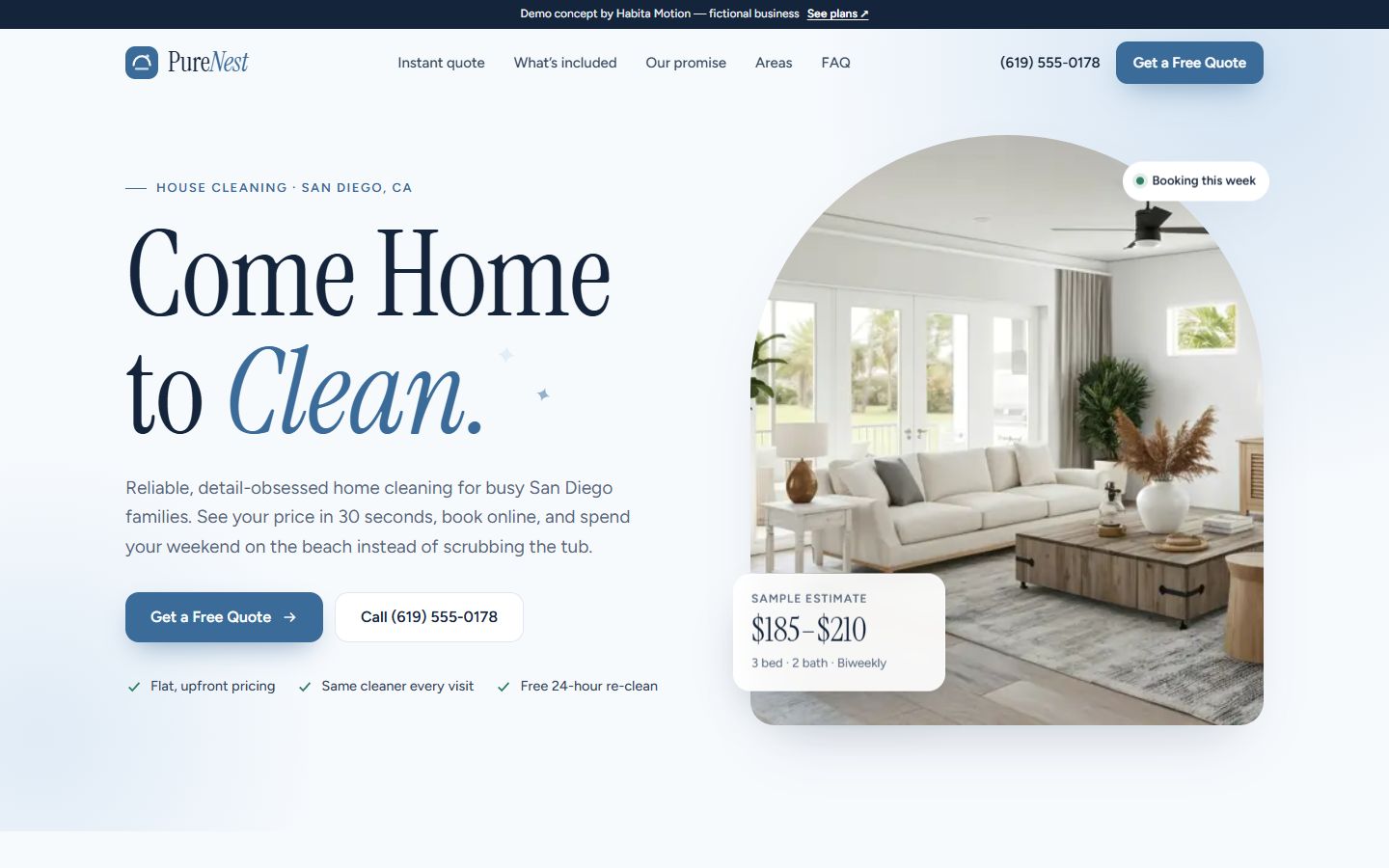 Desktop homepage of the purenestcleaning.com demo concept