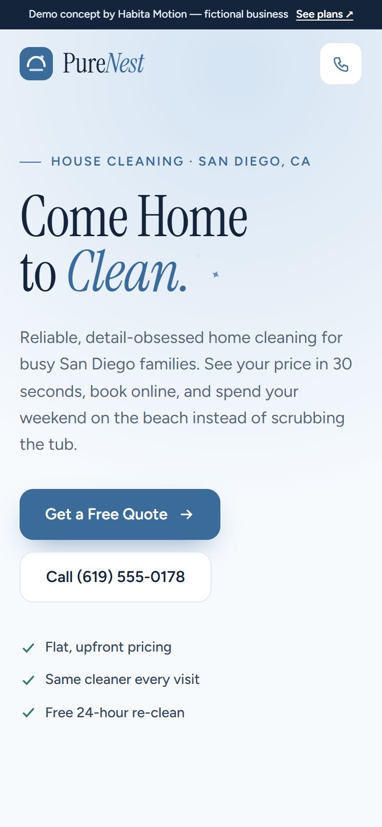 The purenestcleaning.com demo concept on a phone