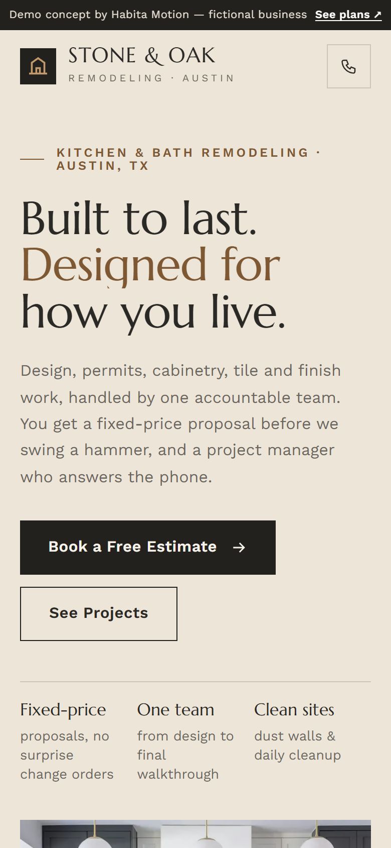 The stoneoakremodeling.com demo concept on a phone
